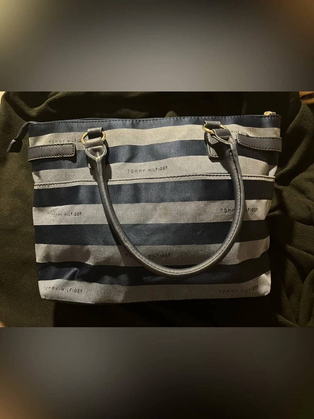 Tommy Hilfiger Blue Striped Canvas Tote Bag Helen Satchel Excellent Condition